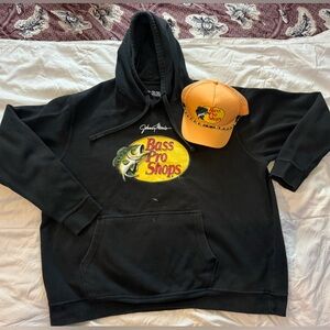 Bass Pro Shops Black Hoodie size 2X and Yellow Cap bundle